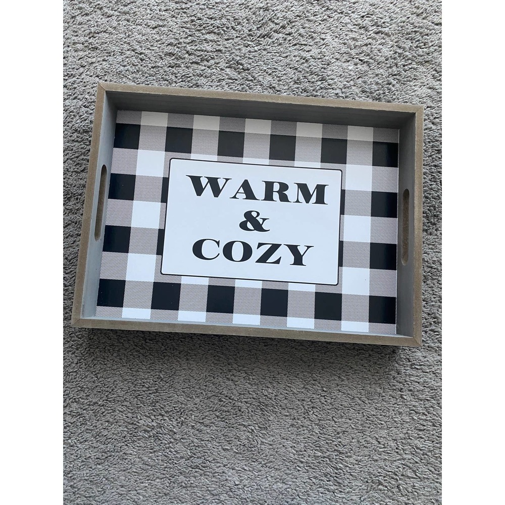 Decorative tray w/ black/white check pattern & "warm & cozy", 15 in x 11 in